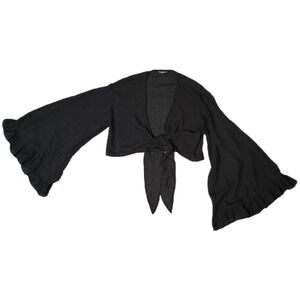 Shein Black Tie Front Crop Top Bell Sleeve Ruffle‎ Hem Shrug Cardigan
(V)